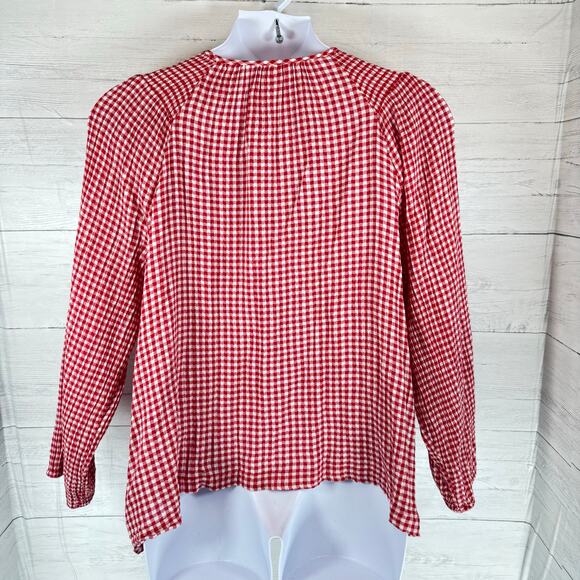 Old Navy xl women red white gingham check peasant blouse cottage coquette fall - Picture 2 of 8